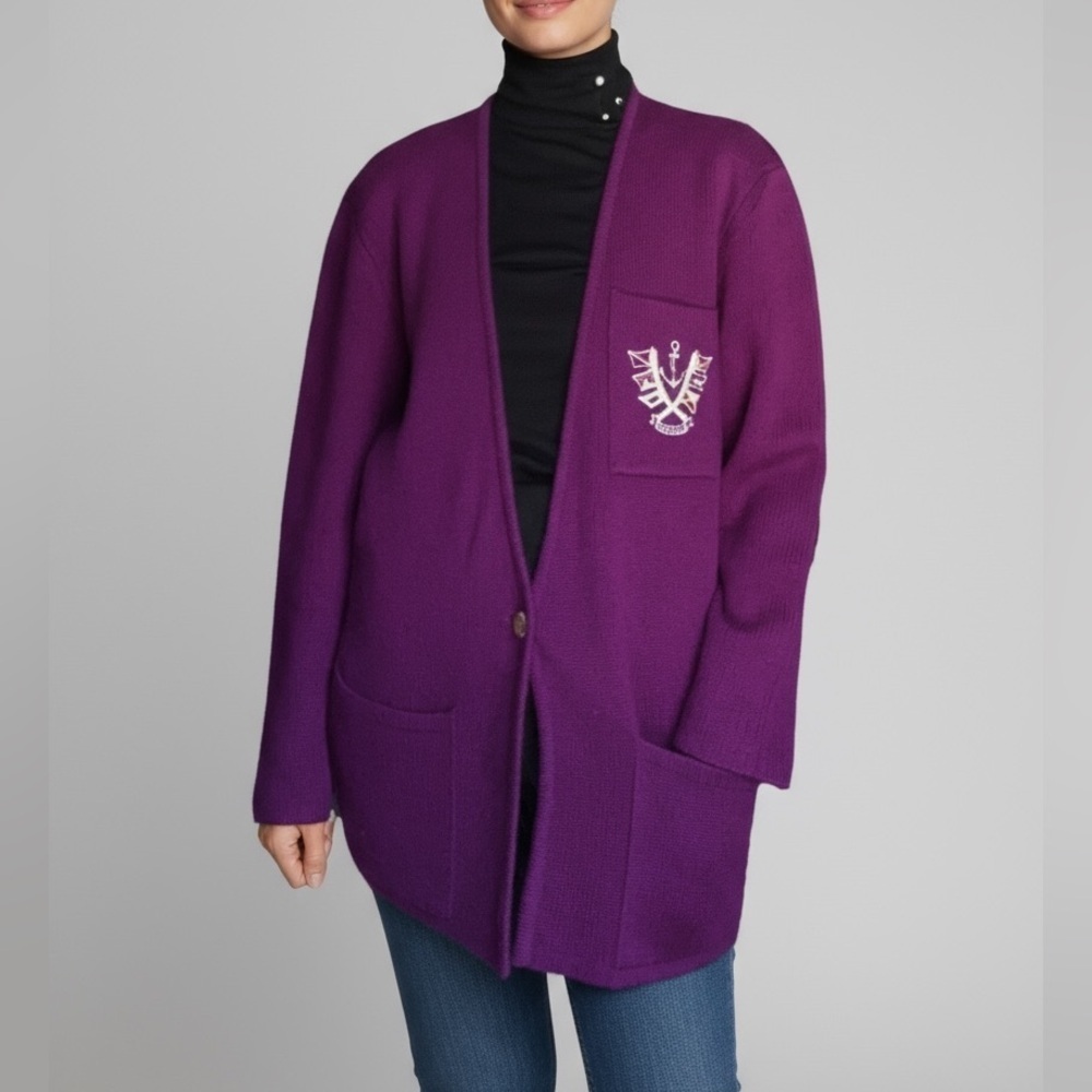 Vintage 80s Magnolia Wool Cardigan Sweater Burgundy Purple Nautical Crest Chunky
